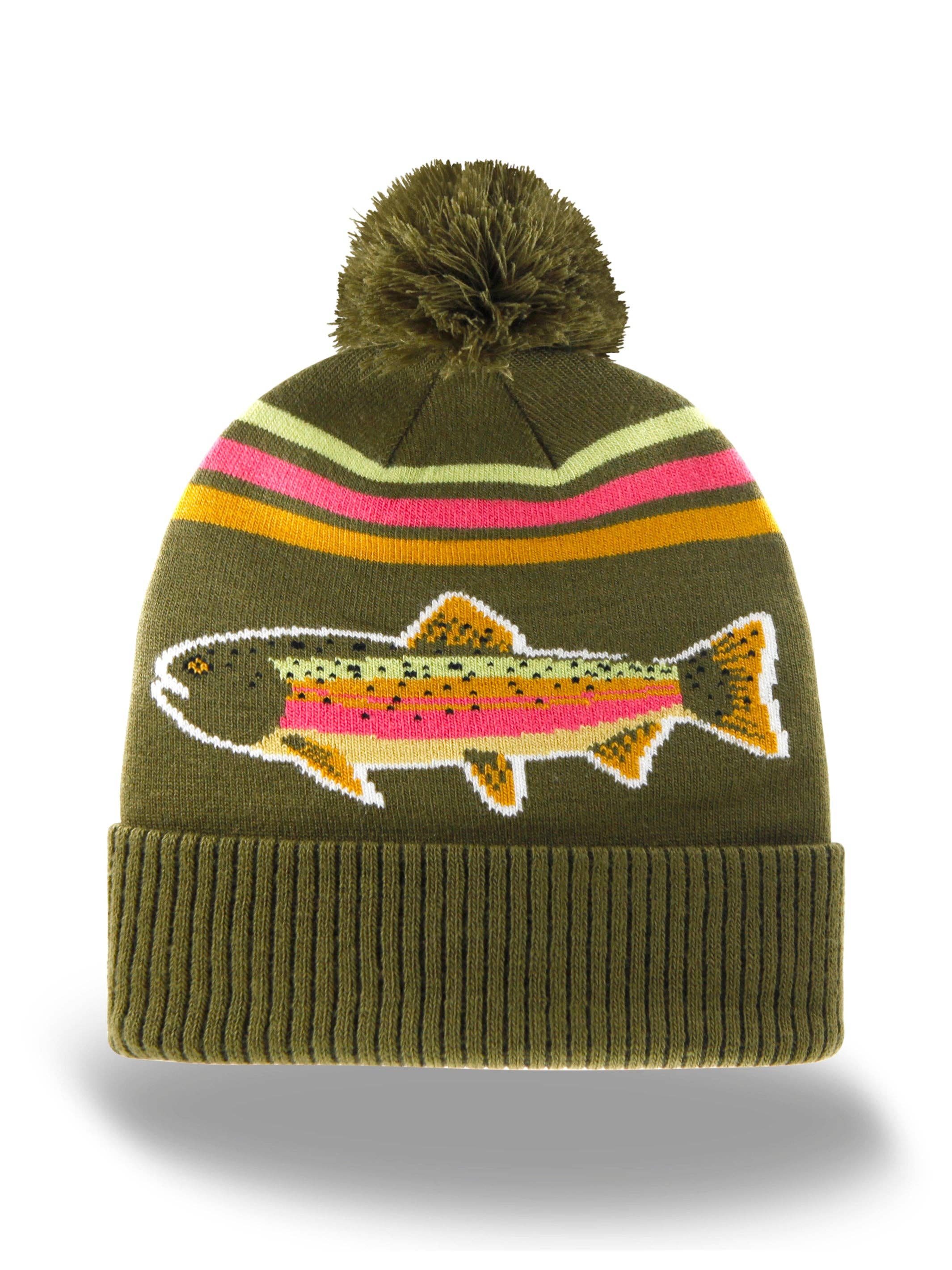 Rainbow Trout Knit Beanie Winter Hat with Pom Pom Fishing Outdoor Cabin Style