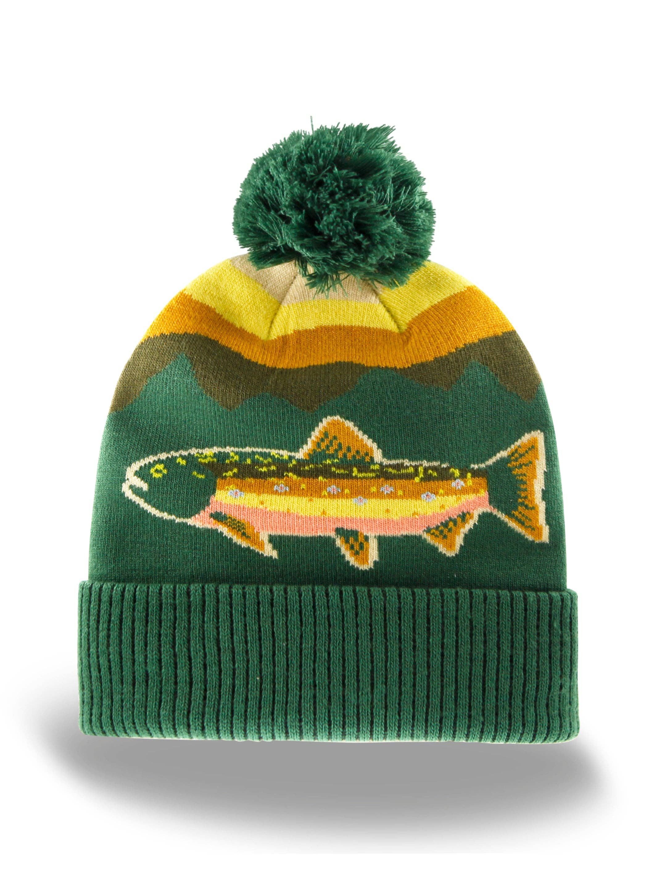 Rainbow Trout Knit Beanie Hat with Pom | Outdoor Fishing Mountain Winter Ribbed Cuffed Cap
