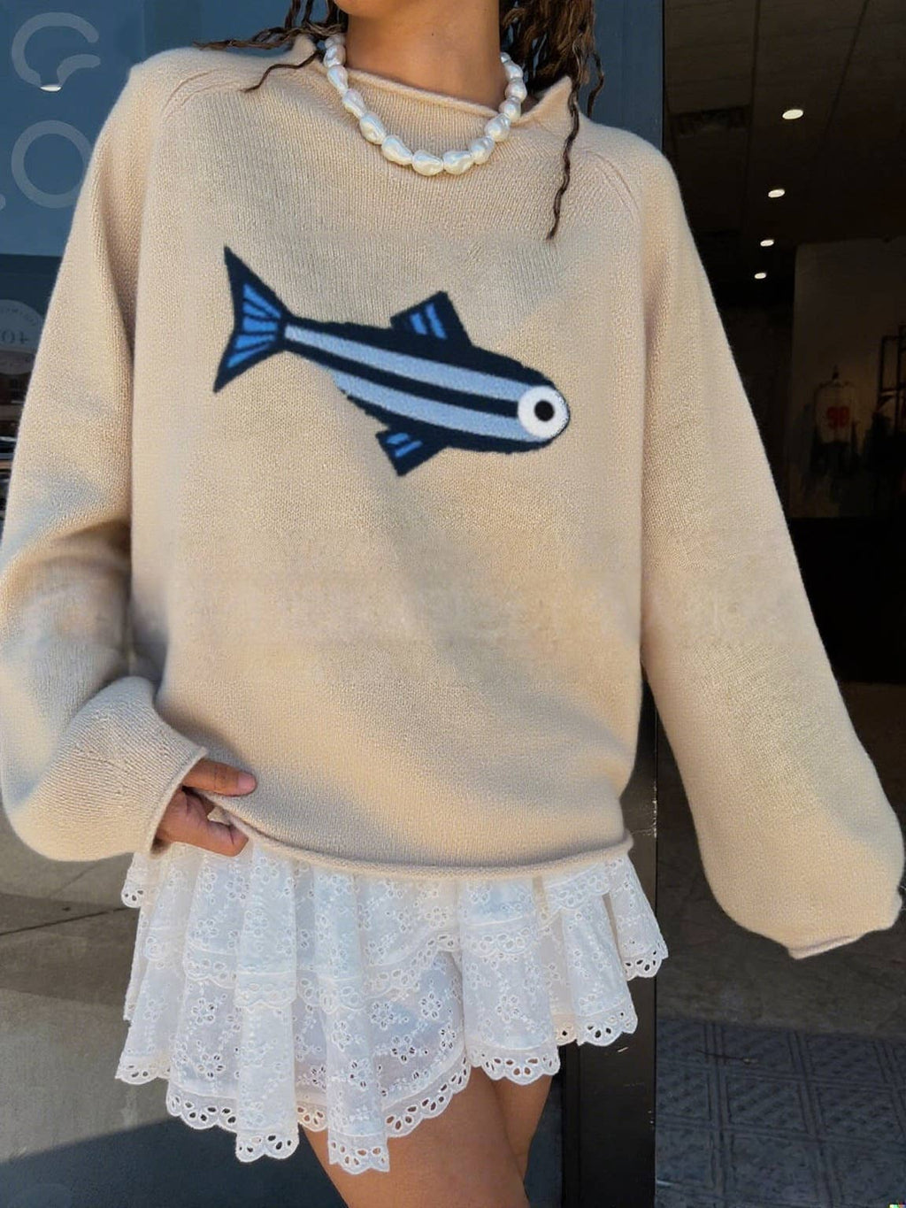 Oceanic Adventure Sardines pattern knit sweater