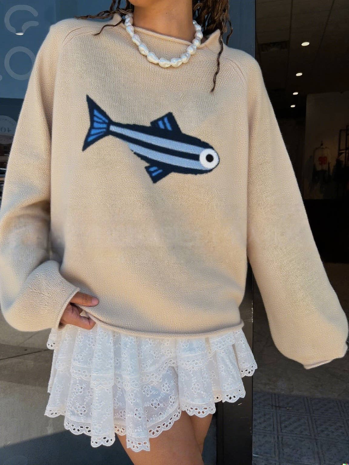 Oceanic Adventure Sardines pattern knit sweater