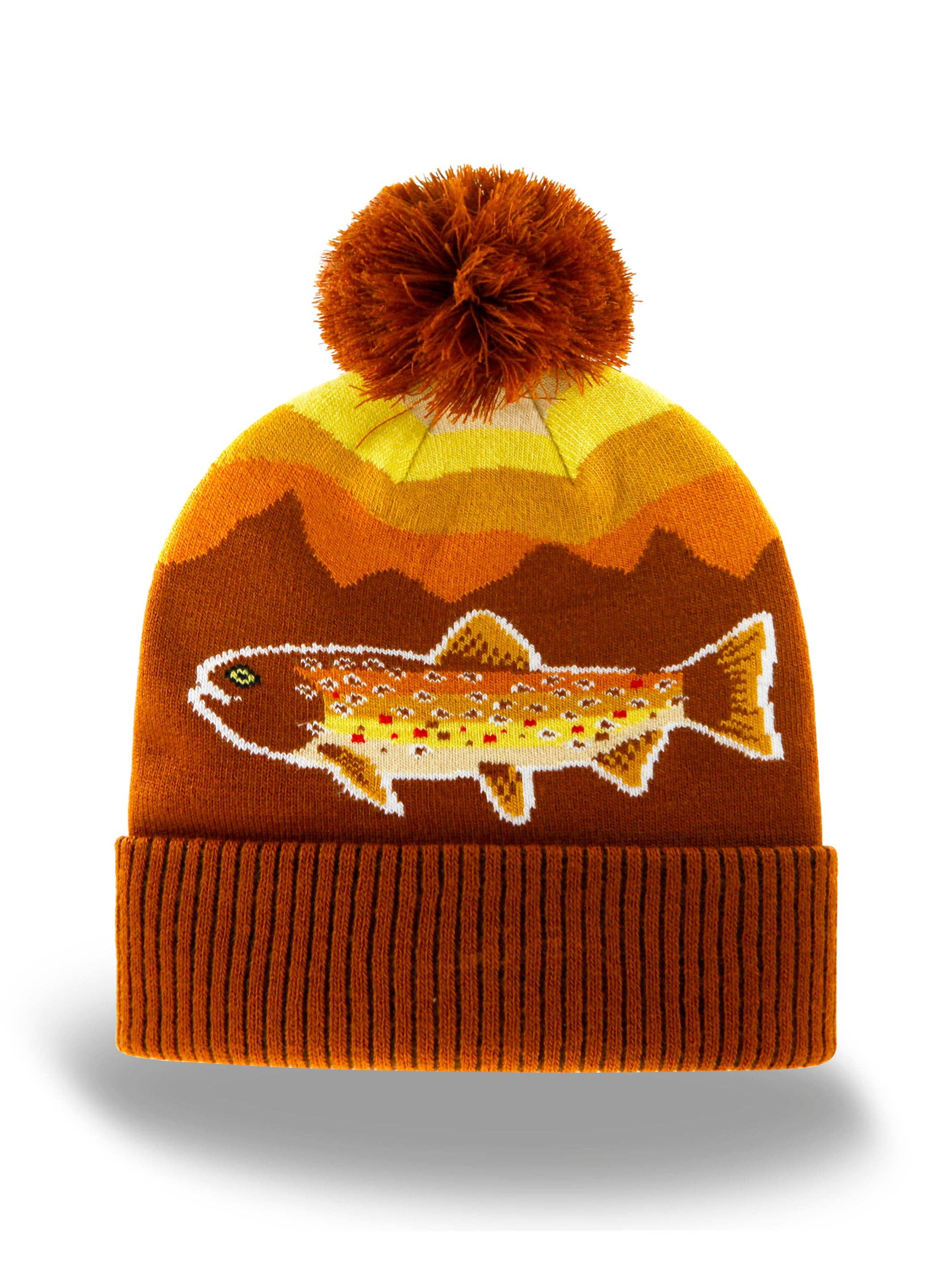 Rainbow Trout Knit Beanie Hat with Pom | Outdoor Fishing Mountain Winter Ribbed Cuffed Cap