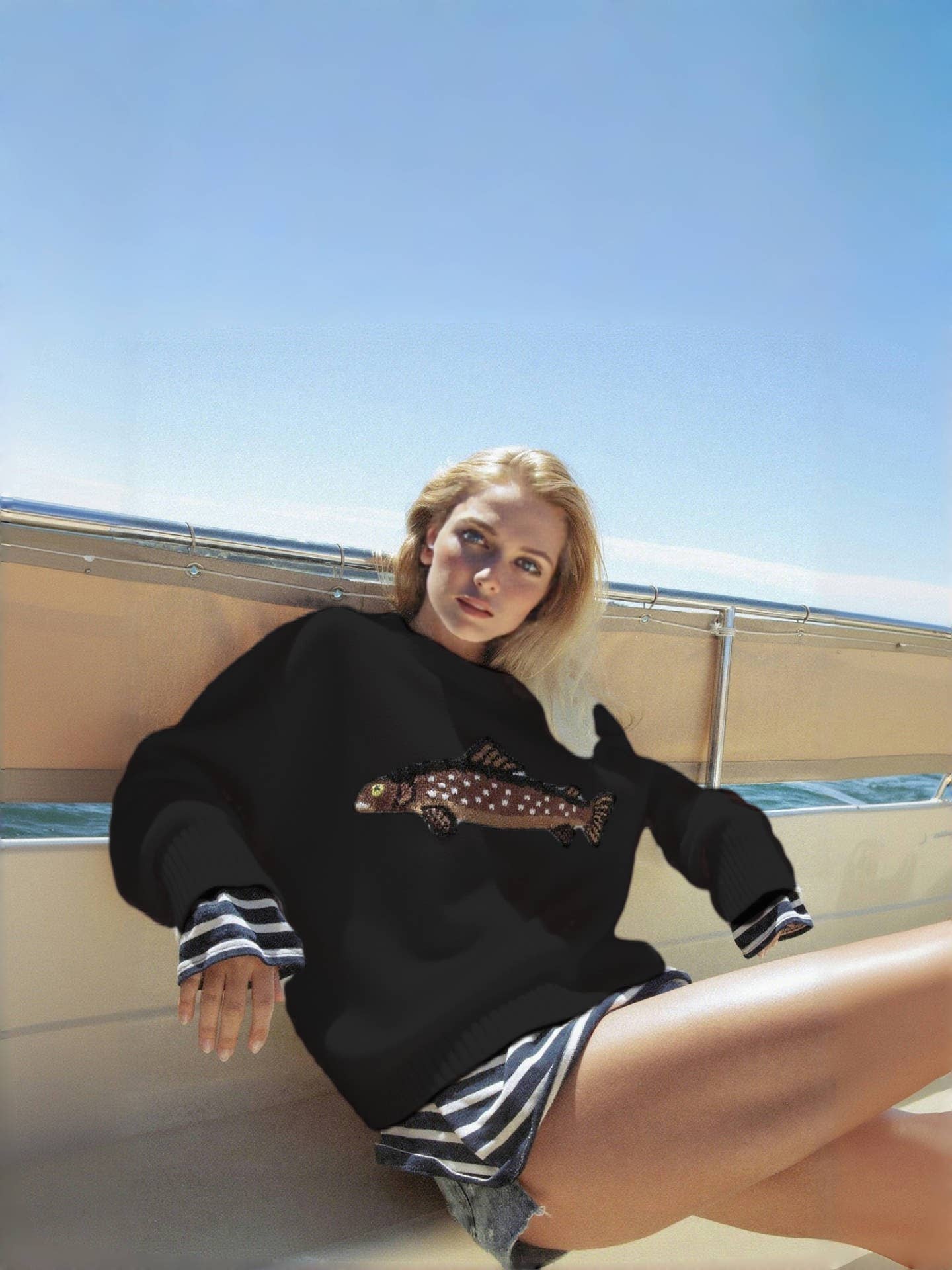 Sardine trout fish knit sweater relaxed pullover 4 colors
