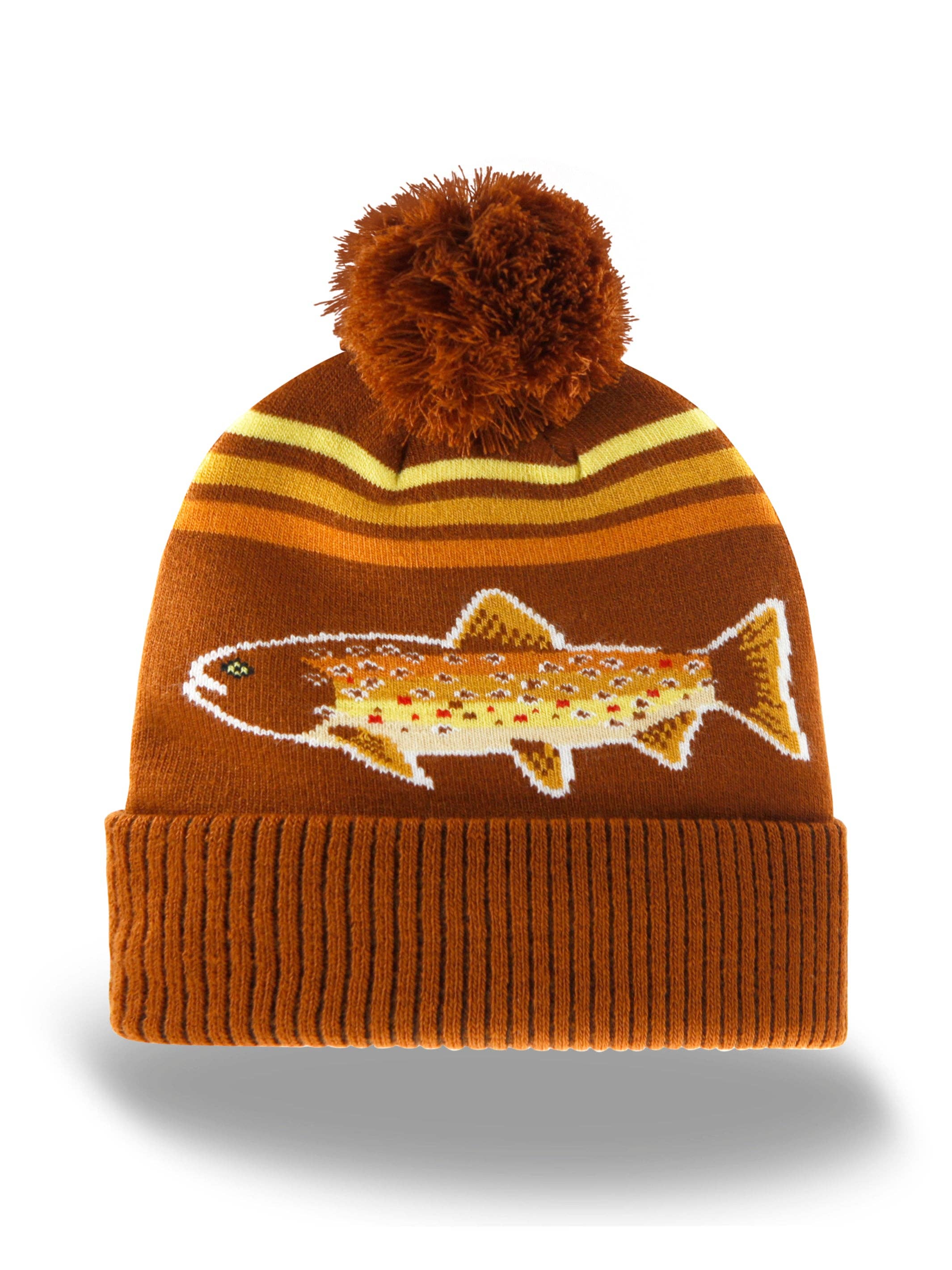 Rainbow Trout Knit Beanie Winter Hat with Pom Pom Fishing Outdoor Cabin Style