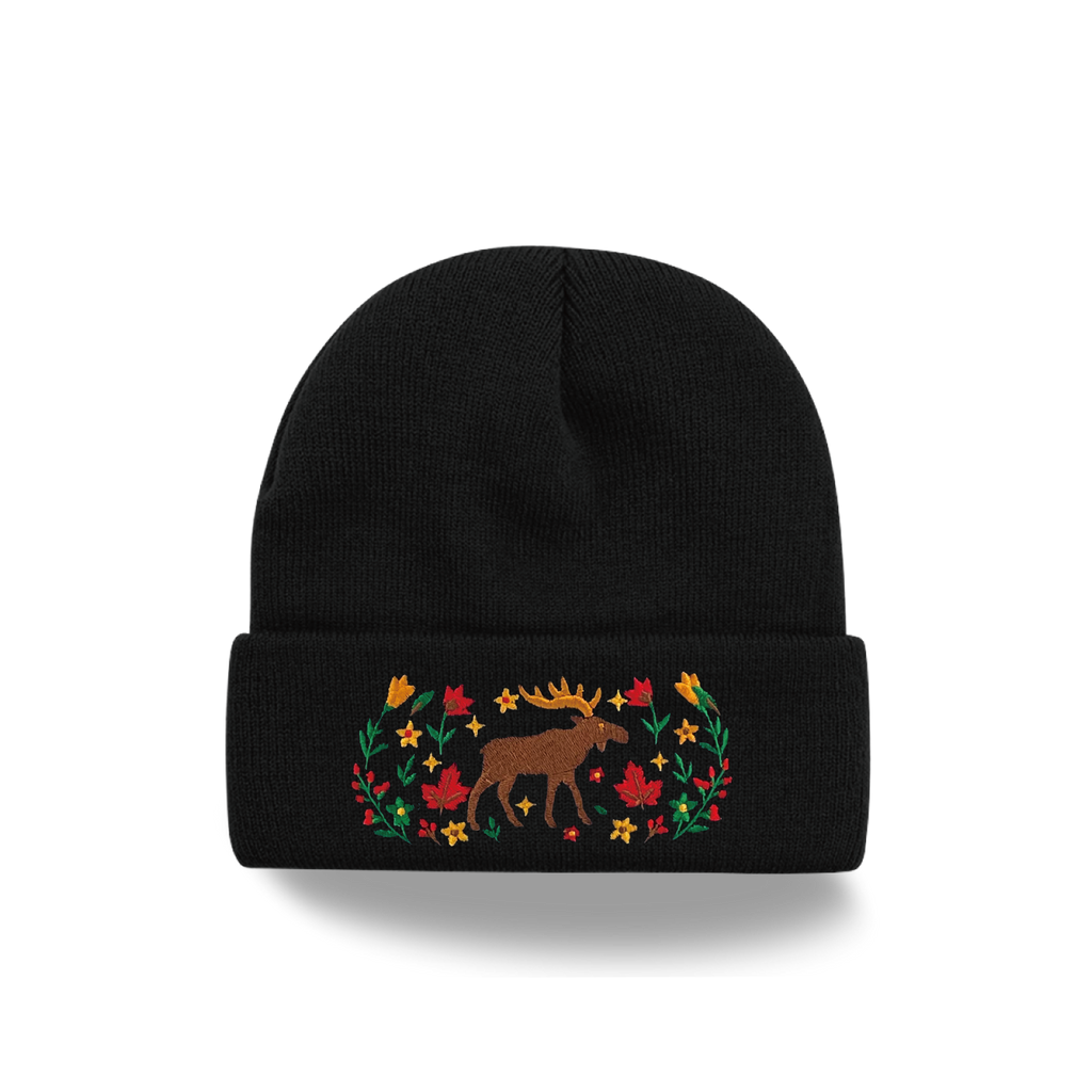 Moose Floral Embroidered Beanie – Cozy Knit Winter Hat with Canadian Wilderness Design
