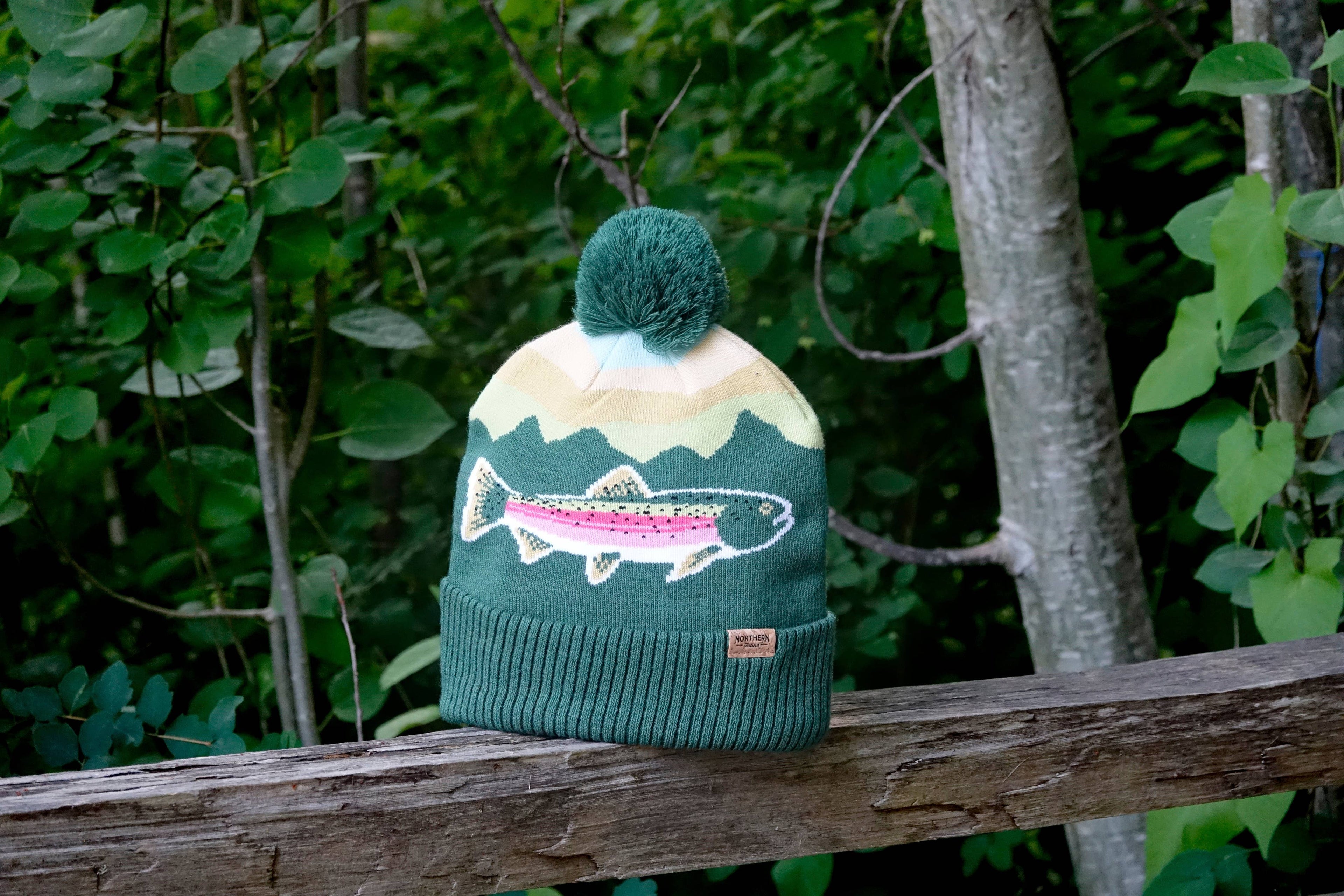 Rainbow Trout Knit Beanie Hat with Pom | Outdoor Fishing Mountain Winter Ribbed Cuffed Cap