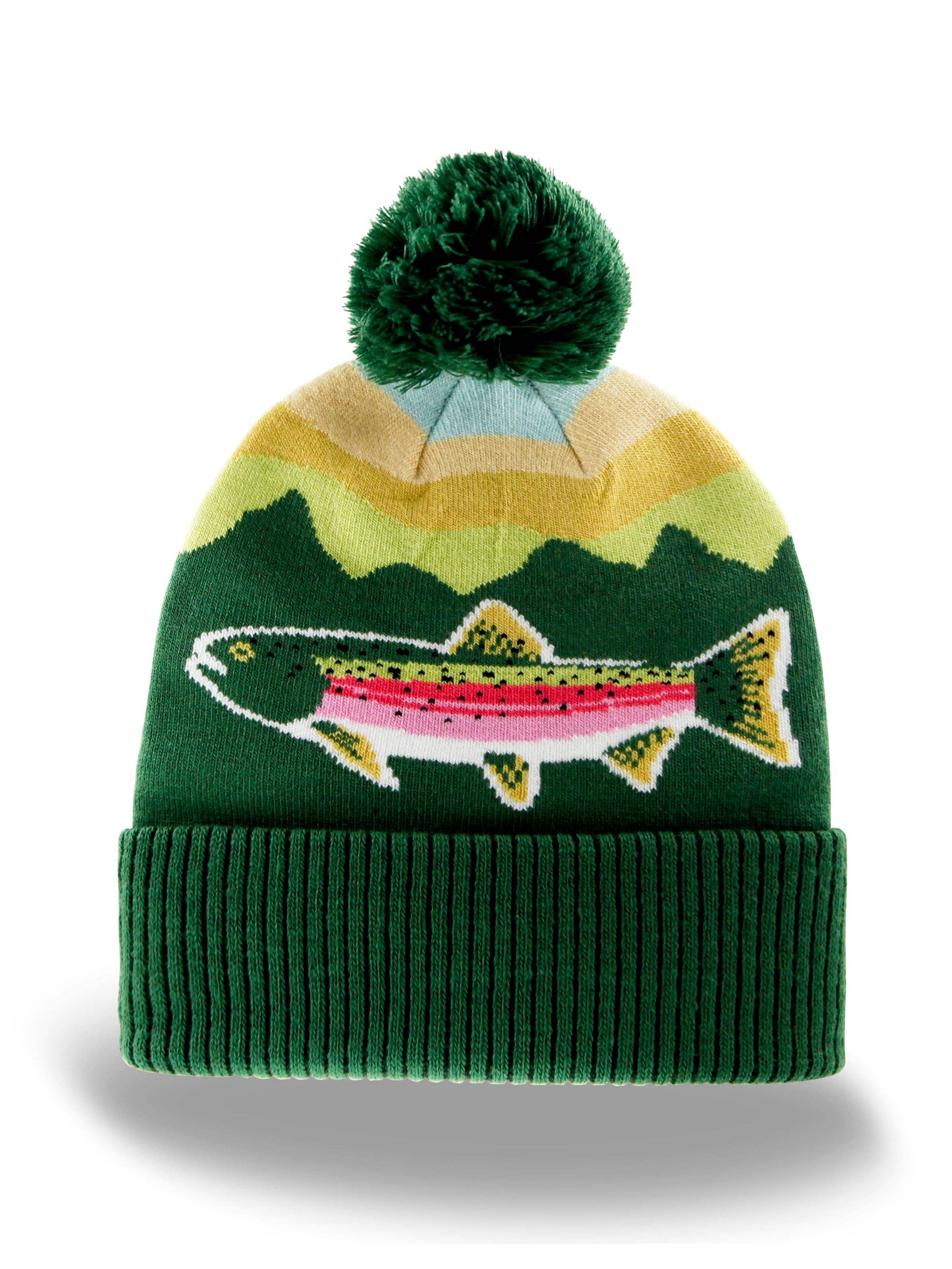 Rainbow Trout Knit Beanie Hat with Pom | Outdoor Fishing Mountain Winter Ribbed Cuffed Cap