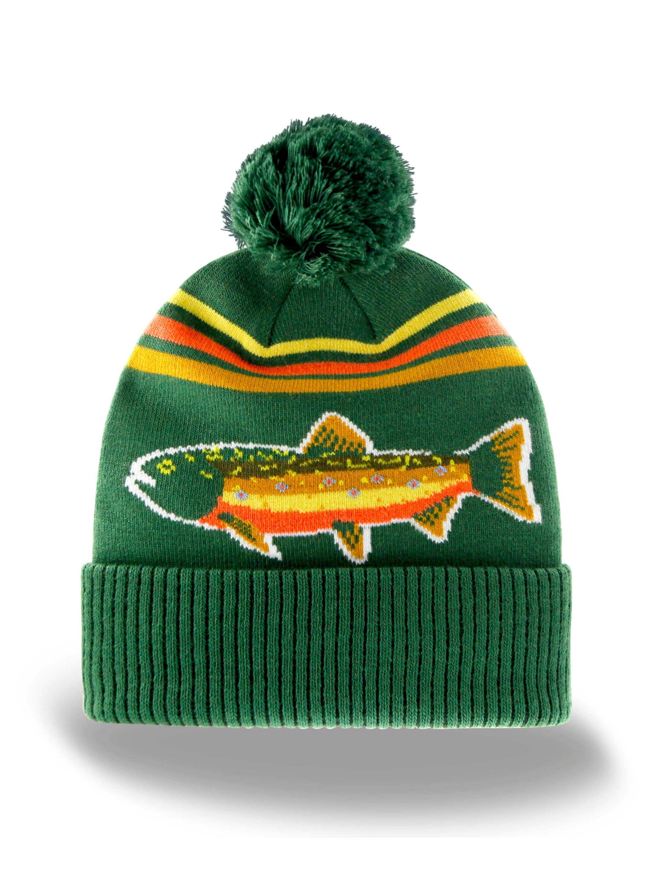 Rainbow Trout Knit Beanie Winter Hat with Pom Pom Fishing Outdoor Cabin Style