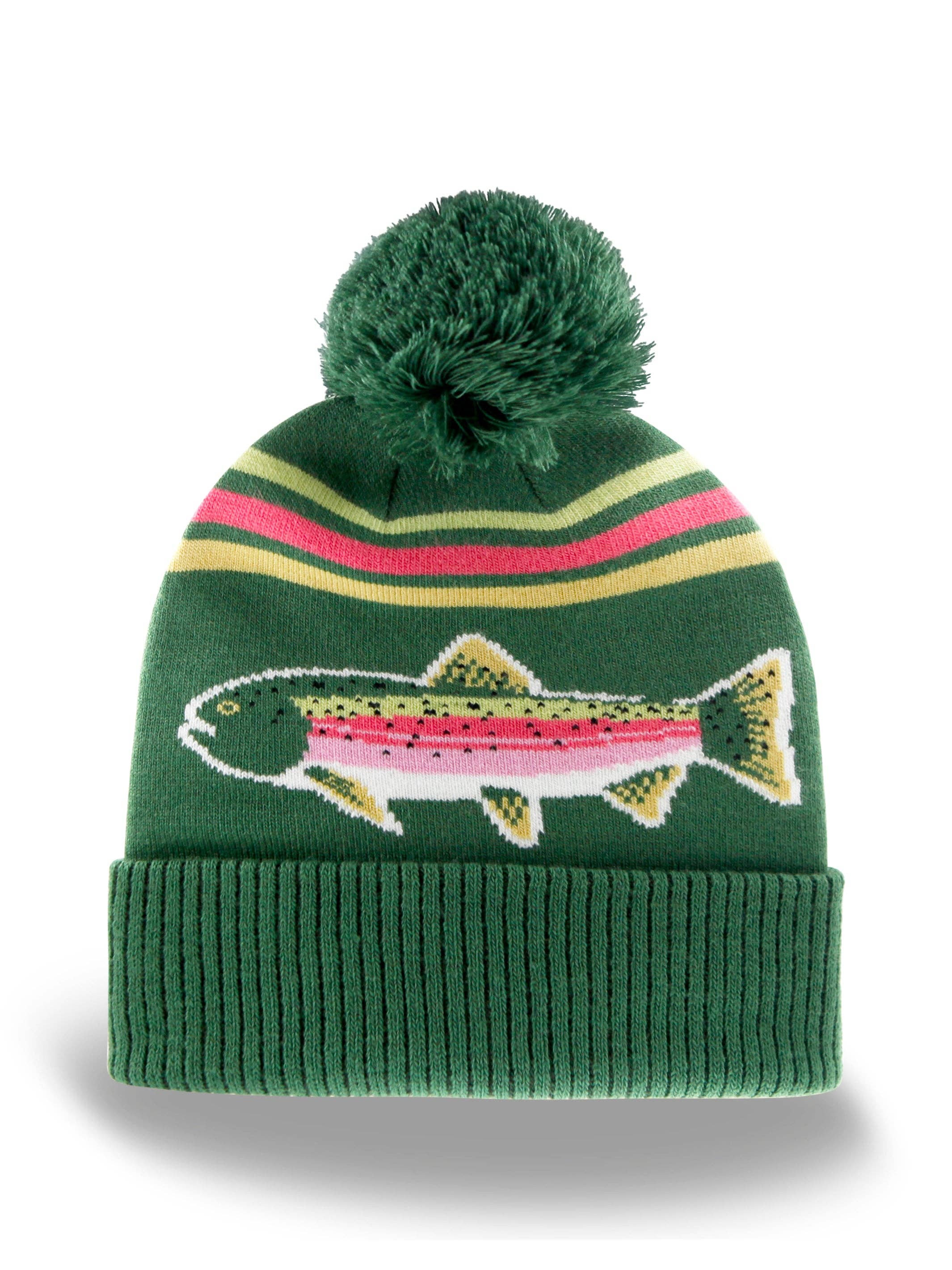 Rainbow Trout Knit Beanie Winter Hat with Pom Pom Fishing Outdoor Cabin Style