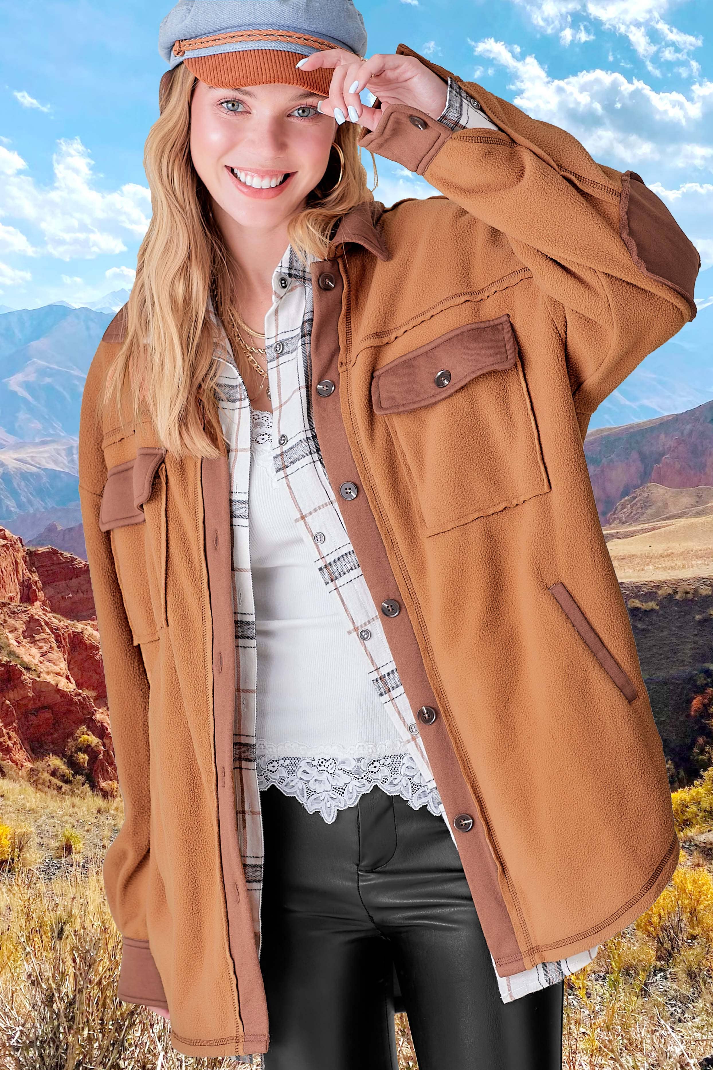 JKT1711-Soft Brushed Button Down Long Sleeve Fleece Shacket