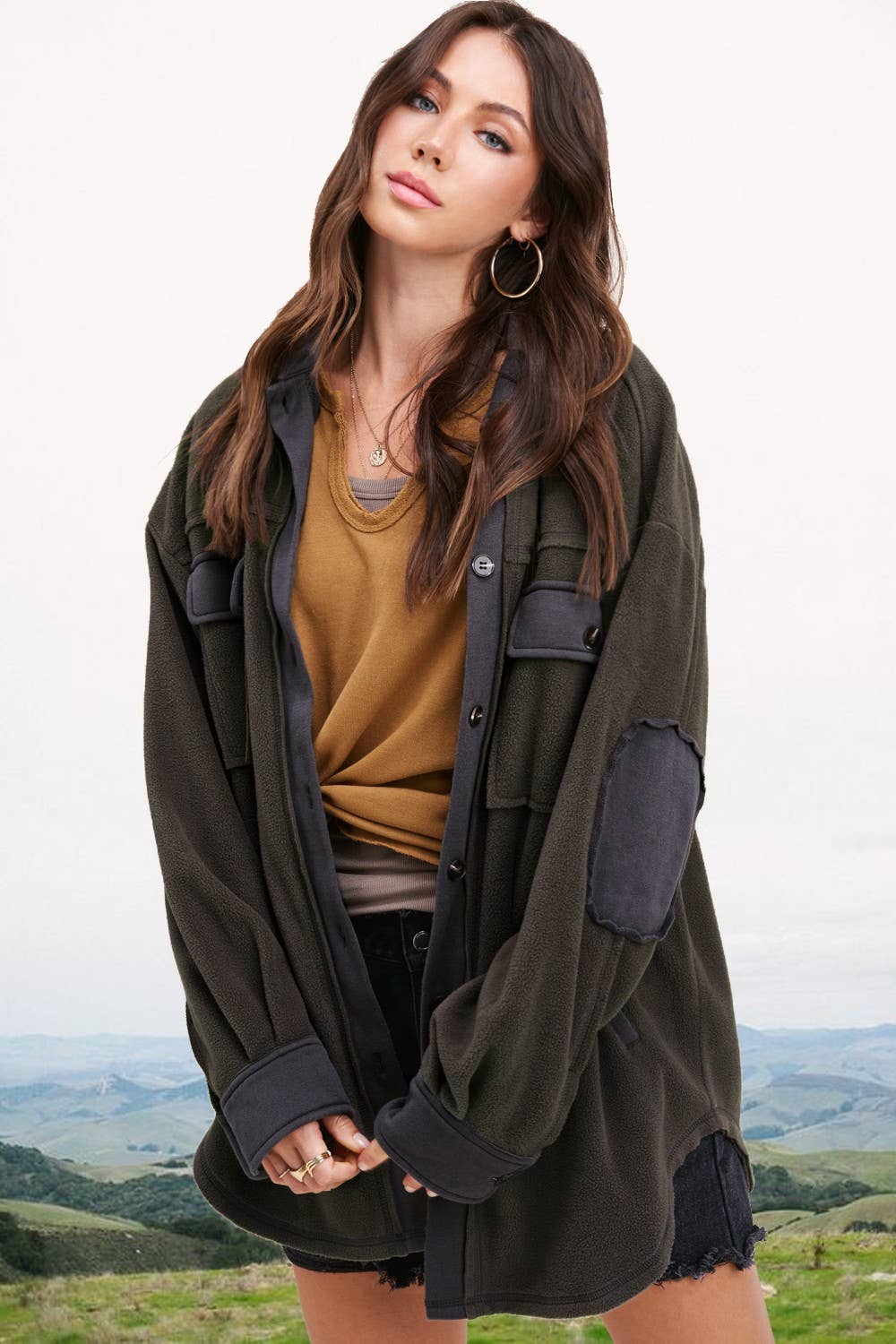 JKT1711-Soft Brushed Button Down Long Sleeve Fleece Shacket