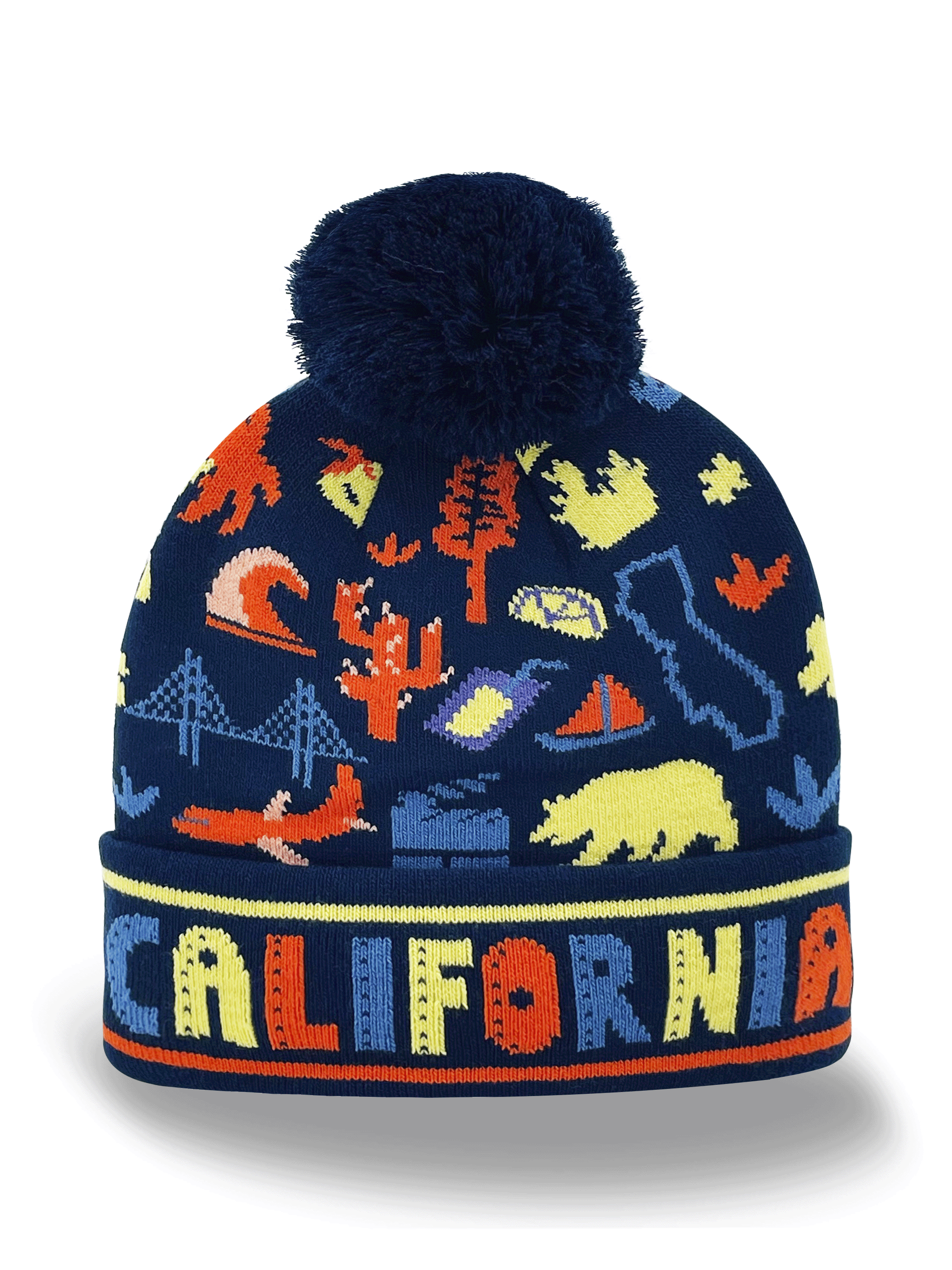 California Knit Beanie Hat with Bear Tree Bridge Ocean Icon Pattern Winter Pom Pom Cap