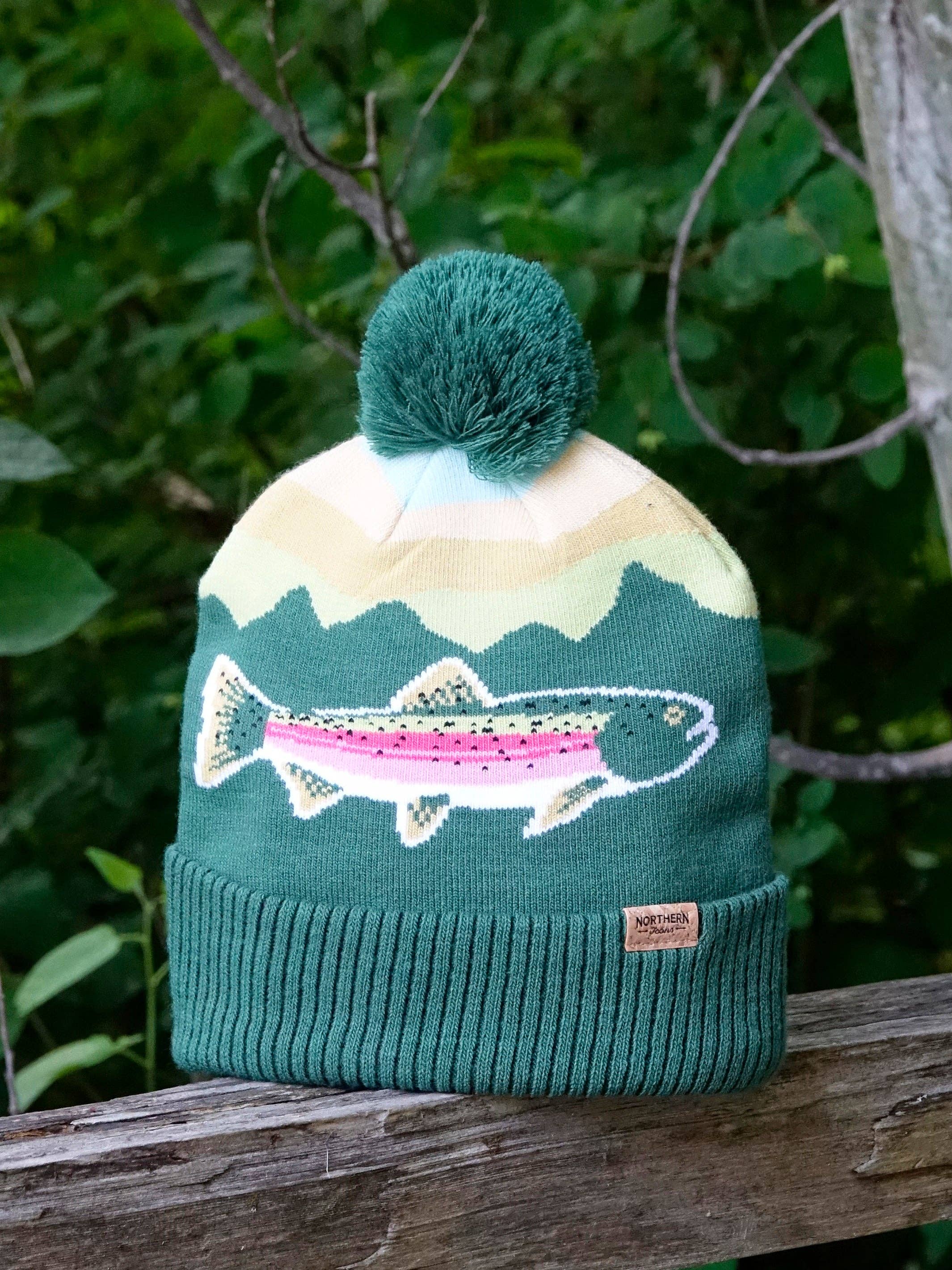 Rainbow Trout Knit Beanie Hat with Pom | Outdoor Fishing Mountain Winter Ribbed Cuffed Cap