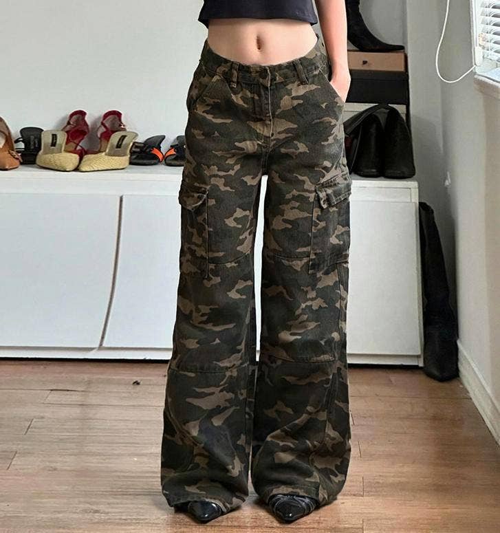 Camouflag wide-leg Jeans straight denim pants
