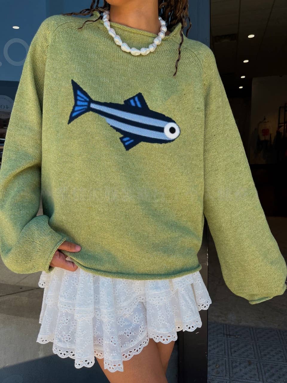 Oceanic Adventure Sardines pattern knit sweater