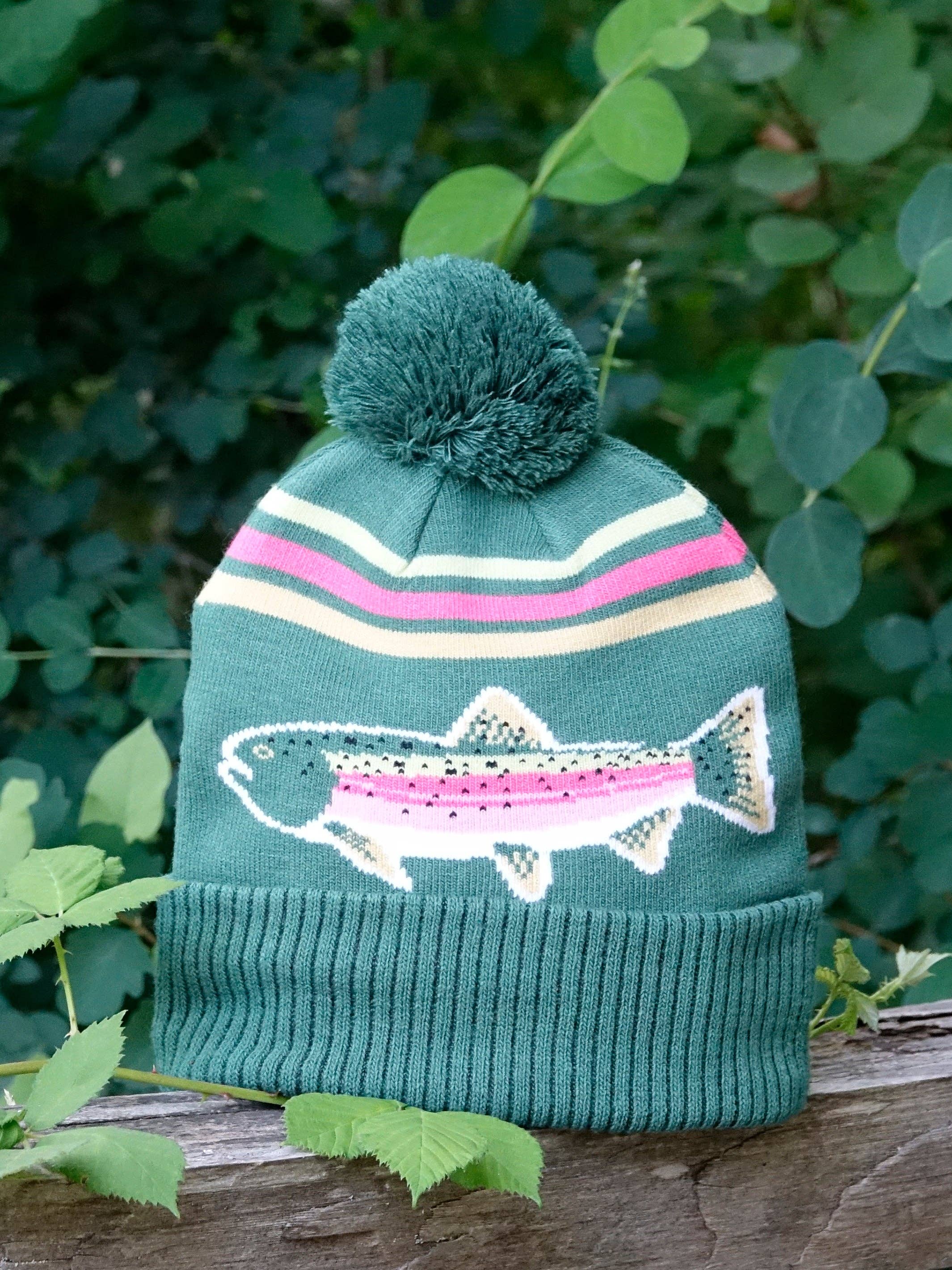 Rainbow Trout Knit Beanie Winter Hat with Pom Pom Fishing Outdoor Cabin Style